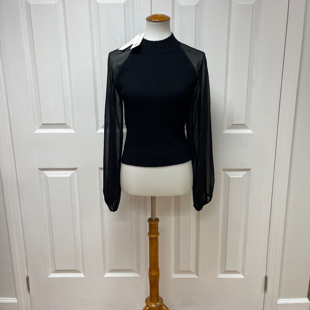 French Connection Black‎ Knit Sweater With Sheer Black Sleeves - Size M - NEW.